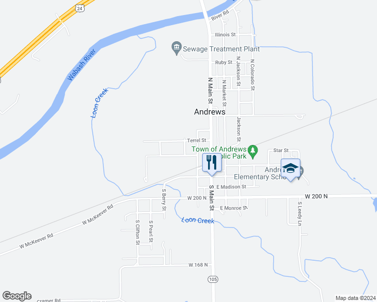 map of restaurants, bars, coffee shops, grocery stores, and more near 190 Wabash Avenue in Andrews