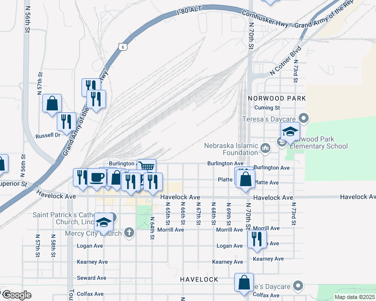 map of restaurants, bars, coffee shops, grocery stores, and more near in Lincoln