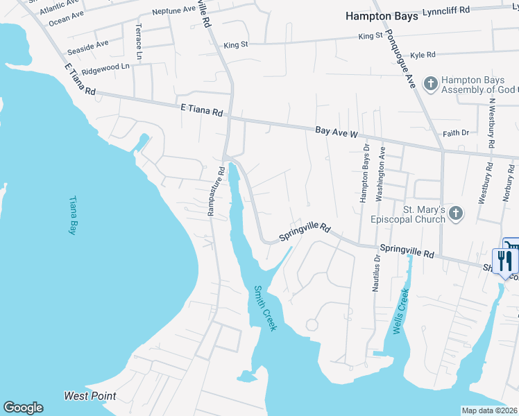 map of restaurants, bars, coffee shops, grocery stores, and more near 177A Springville Road in Hampton Bays
