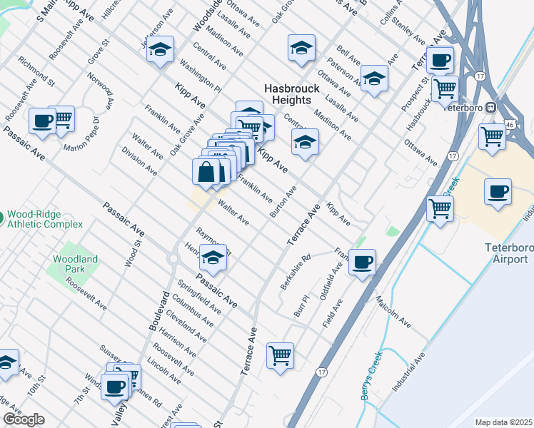 map of restaurants, bars, coffee shops, grocery stores, and more near 99 Burton Avenue in Hasbrouck Heights