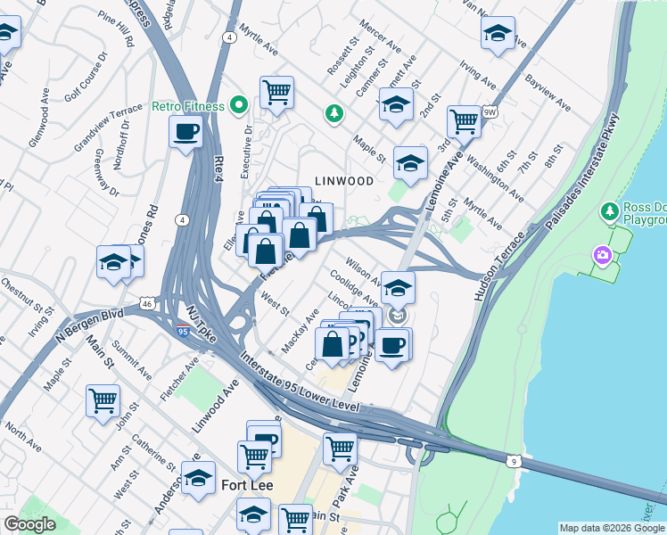 map of restaurants, bars, coffee shops, grocery stores, and more near 255 Coolidge Avenue in Fort Lee