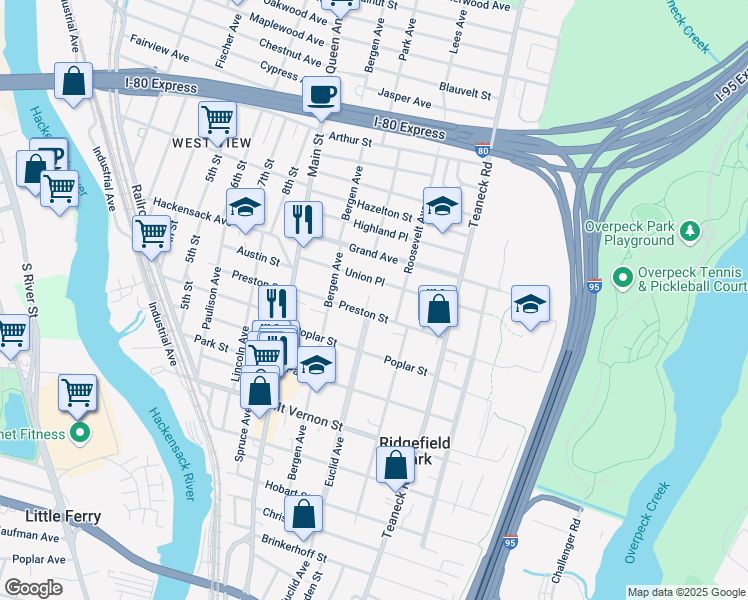 map of restaurants, bars, coffee shops, grocery stores, and more near 1 Ehler Court in Ridgefield Park