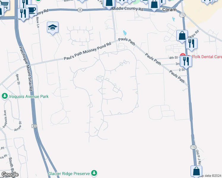 map of restaurants, bars, coffee shops, grocery stores, and more near 816 Woodland Court in Coram