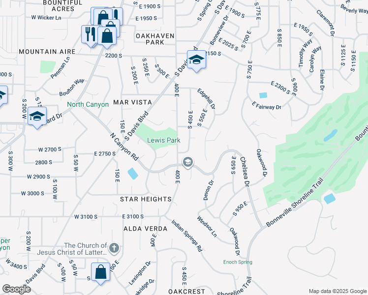 map of restaurants, bars, coffee shops, grocery stores, and more near 2718 S 450 E in Bountiful