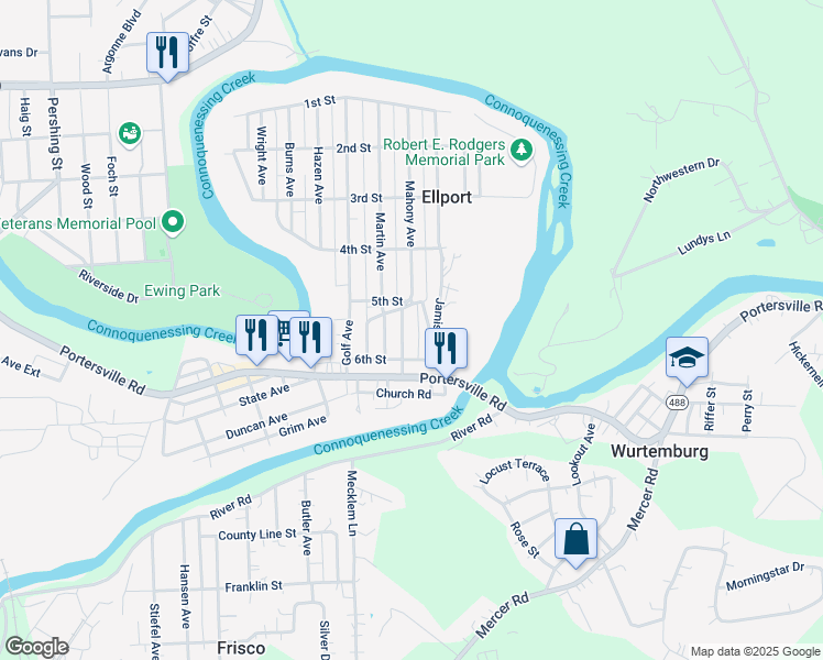 map of restaurants, bars, coffee shops, grocery stores, and more near 516 Deemer Avenue in Ellwood City