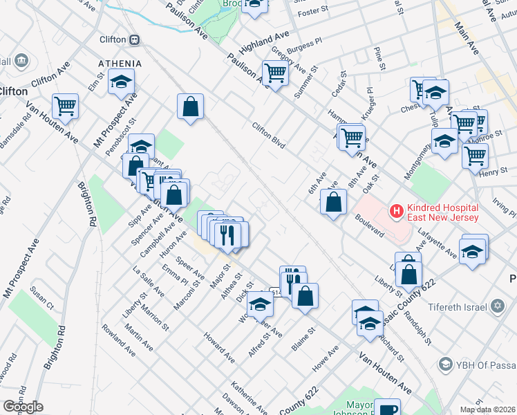 map of restaurants, bars, coffee shops, grocery stores, and more near Unnamed Road in Clifton