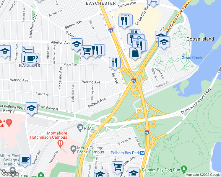 map of restaurants, bars, coffee shops, grocery stores, and more near 2323 Vance Street in Bronx