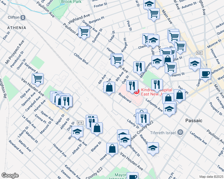 map of restaurants, bars, coffee shops, grocery stores, and more near 63 8th Avenue in Passaic