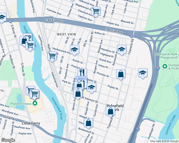 map of restaurants, bars, coffee shops, grocery stores, and more near 77 Preston Street in Ridgefield Park