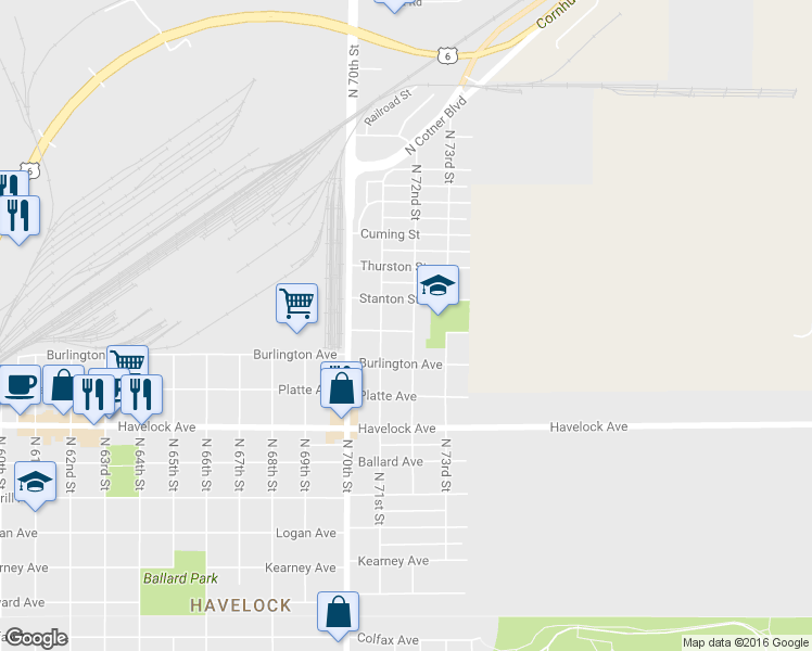map of restaurants, bars, coffee shops, grocery stores, and more near 7140 Douglas Street in Lincoln
