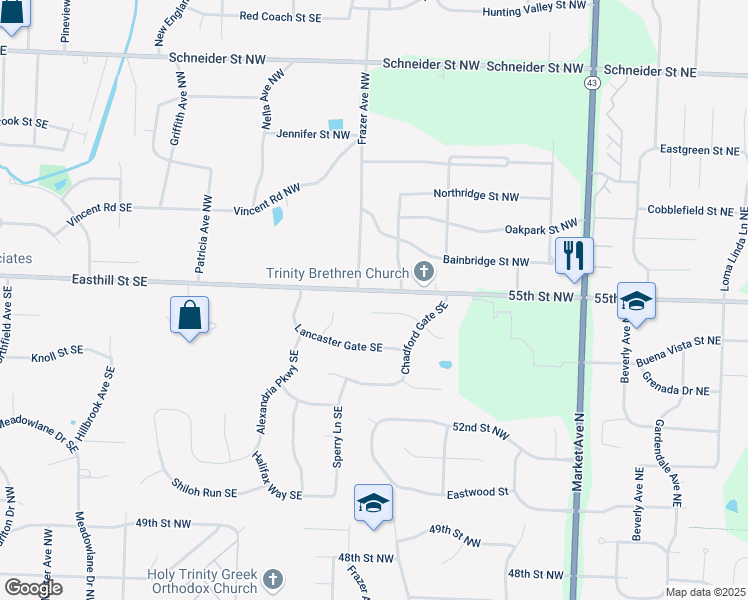 map of restaurants, bars, coffee shops, grocery stores, and more near 1719 Rockbridge Court Southeast in Canton