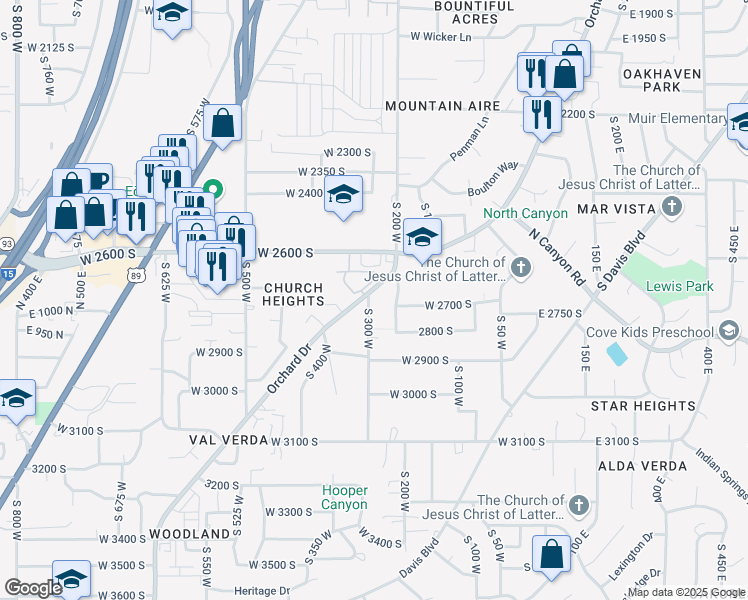 map of restaurants, bars, coffee shops, grocery stores, and more near 2611 Orchard Drive in Bountiful