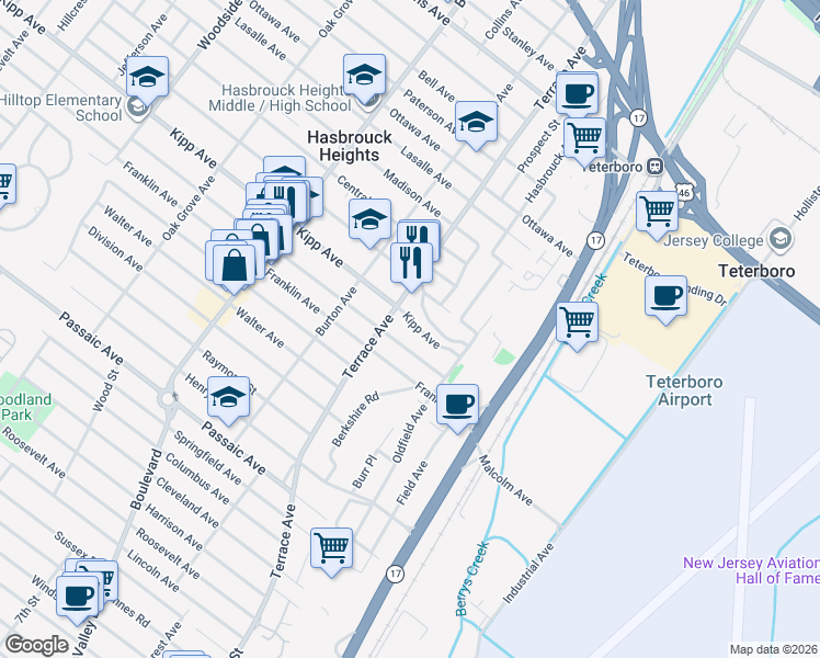 map of restaurants, bars, coffee shops, grocery stores, and more near 409 Jefferson Avenue in Hasbrouck Heights