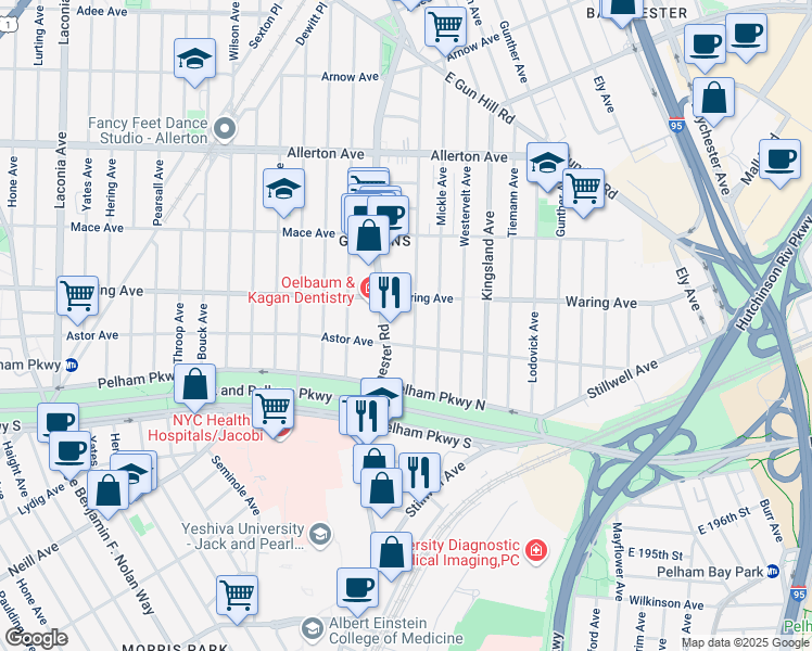 map of restaurants, bars, coffee shops, grocery stores, and more near 2357 Woodhull Avenue in The Bronx