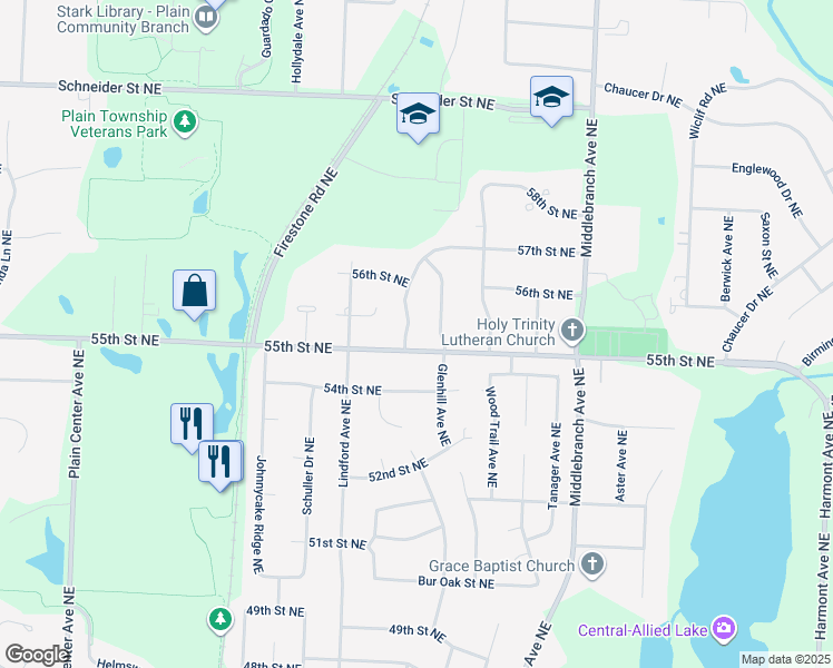 map of restaurants, bars, coffee shops, grocery stores, and more near 5516 Aspen Valley Avenue Northeast in Canton