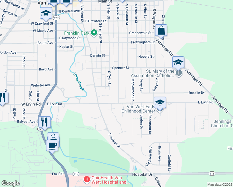map of restaurants, bars, coffee shops, grocery stores, and more near 825 South Race Street in Van Wert