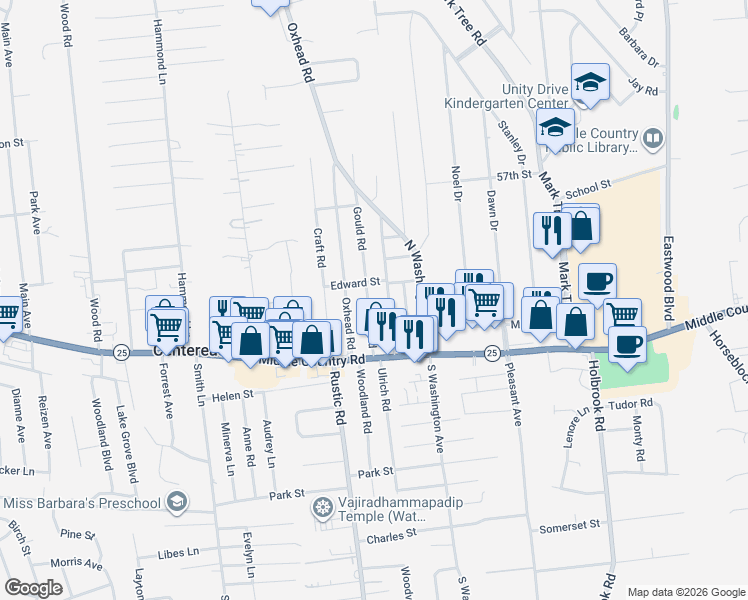 map of restaurants, bars, coffee shops, grocery stores, and more near 25 Gould Road in Centereach