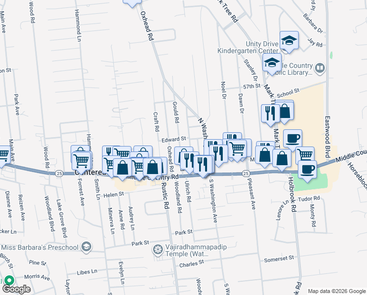 map of restaurants, bars, coffee shops, grocery stores, and more near 25 Gould Road in Centereach