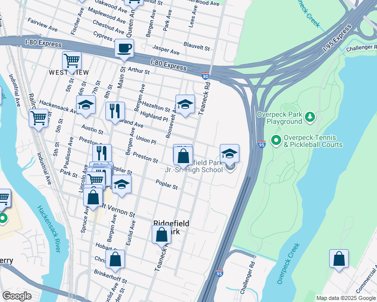 map of restaurants, bars, coffee shops, grocery stores, and more near 464 Teaneck Road in Ridgefield Park