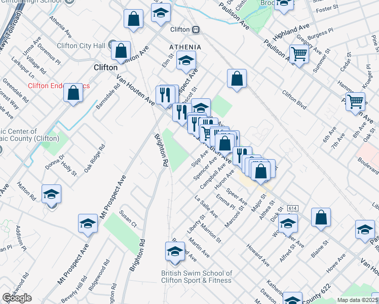 map of restaurants, bars, coffee shops, grocery stores, and more near 32 Samuel Avenue in Clifton