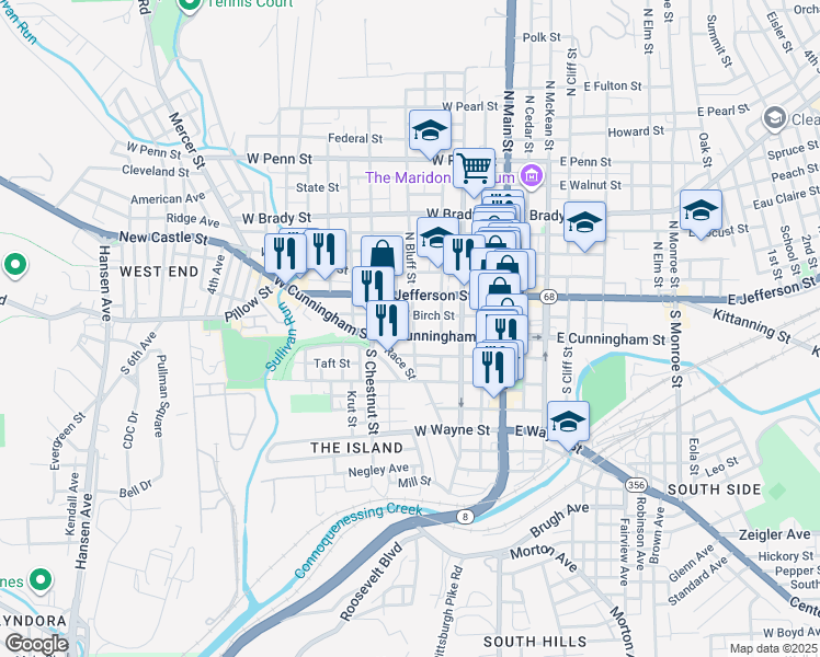 map of restaurants, bars, coffee shops, grocery stores, and more near 300 Pennsylvania 356 in Butler