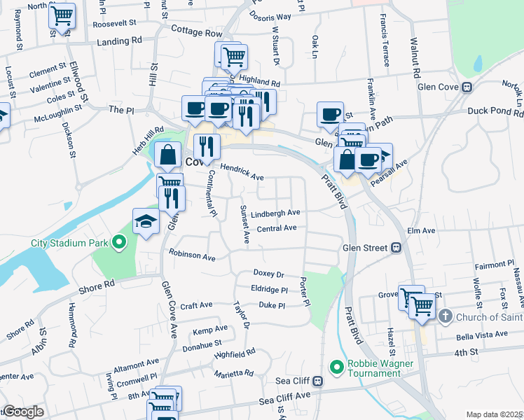 map of restaurants, bars, coffee shops, grocery stores, and more near 27 Lindbergh Avenue in Glen Cove