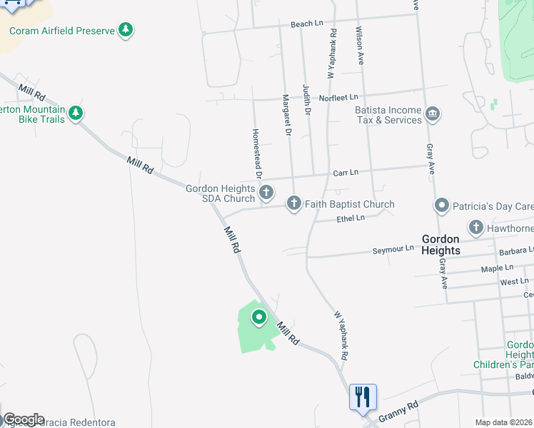 map of restaurants, bars, coffee shops, grocery stores, and more near 20 Teller Avenue in Coram