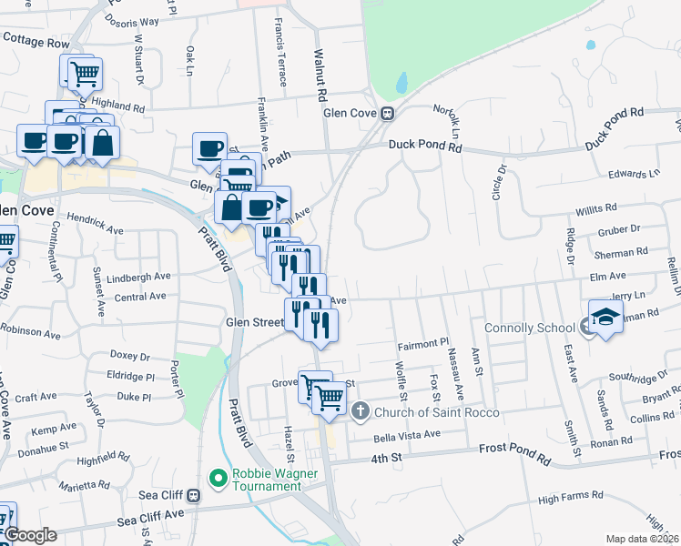 map of restaurants, bars, coffee shops, grocery stores, and more near 4 Johnell Place in Glen Cove