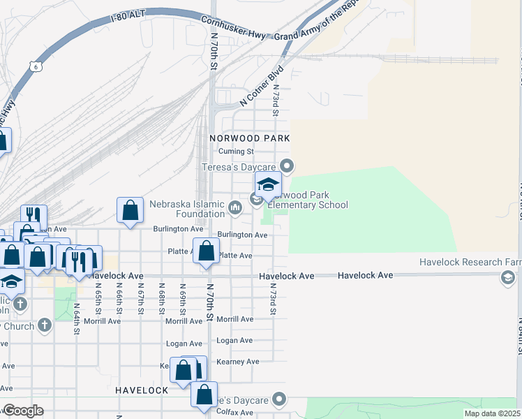 map of restaurants, bars, coffee shops, grocery stores, and more near 4710 North 72nd Street in Lincoln