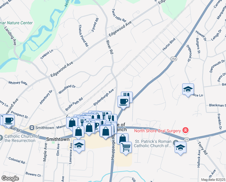 map of restaurants, bars, coffee shops, grocery stores, and more near 146 Blydenburg Avenue in Smithtown