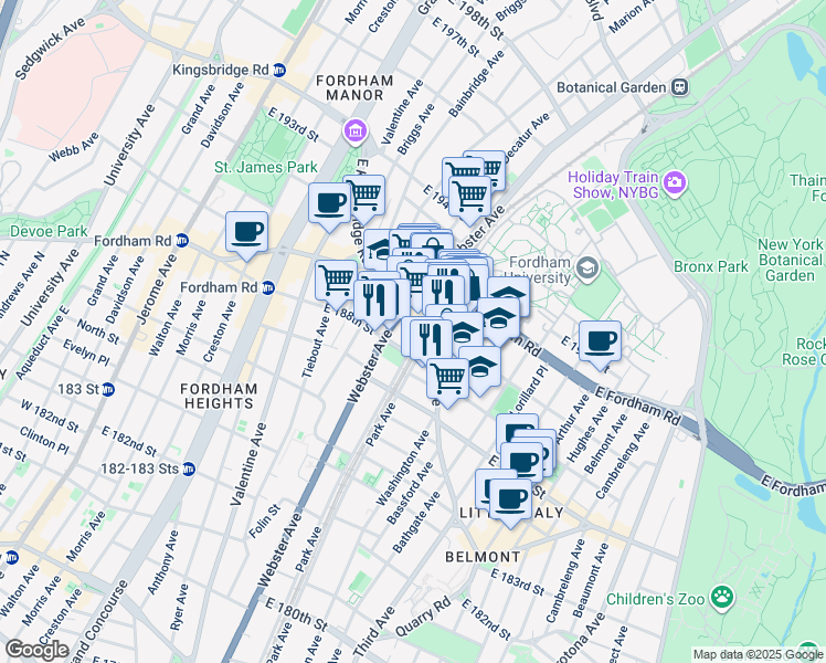 map of restaurants, bars, coffee shops, grocery stores, and more near 4758 Third Avenue in The Bronx