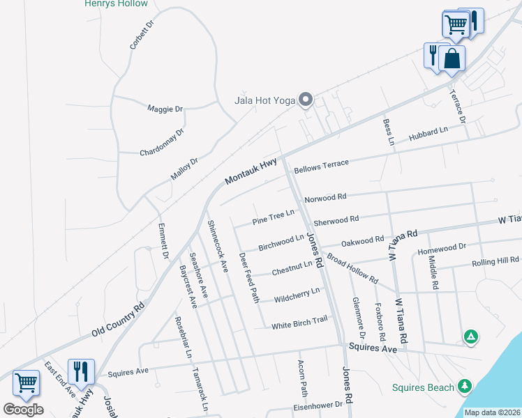 map of restaurants, bars, coffee shops, grocery stores, and more near 4 Pine Tree Court in East Quogue