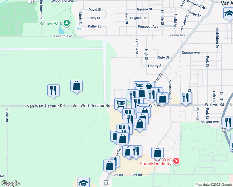 map of restaurants, bars, coffee shops, grocery stores, and more near 1006 Pearson Street in Van Wert