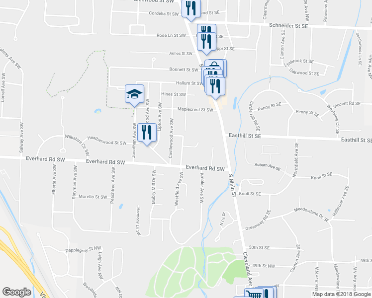 map of restaurants, bars, coffee shops, grocery stores, and more near 1432 Westfield Avenue Southwest in North Canton