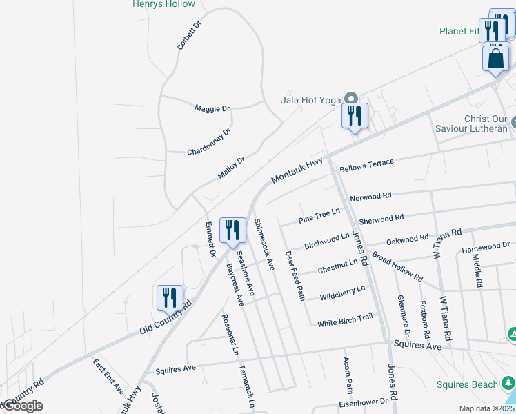 map of restaurants, bars, coffee shops, grocery stores, and more near 321 Montauk Highway in East Quogue