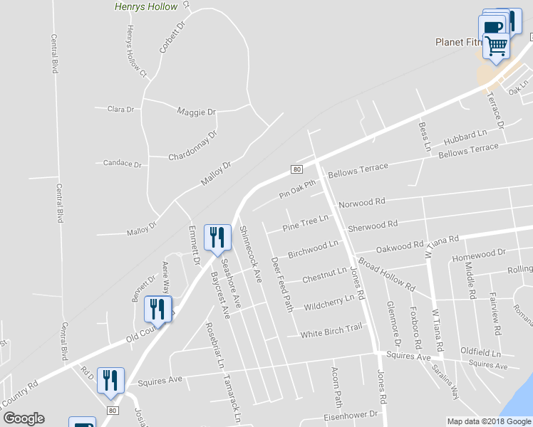 map of restaurants, bars, coffee shops, grocery stores, and more near 3 Deer Feed Path in East Quogue