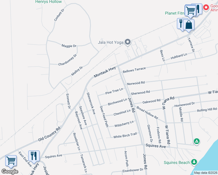 map of restaurants, bars, coffee shops, grocery stores, and more near 4 Pine Tree Court in East Quogue