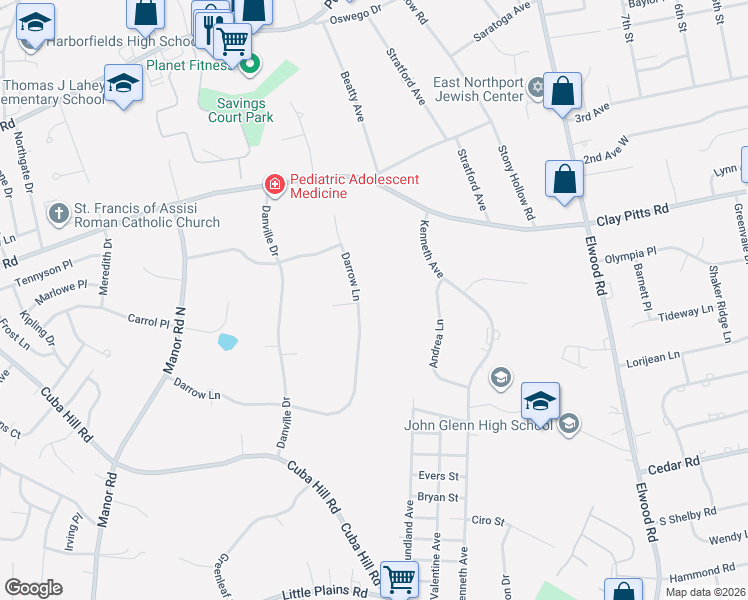 map of restaurants, bars, coffee shops, grocery stores, and more near 134 Darrow Lane in Greenlawn