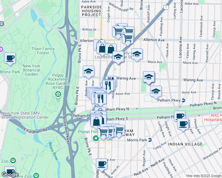 map of restaurants, bars, coffee shops, grocery stores, and more near 2309 Holland Avenue in The Bronx