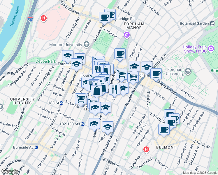 map of restaurants, bars, coffee shops, grocery stores, and more near 250 East 187th Street in Bronx