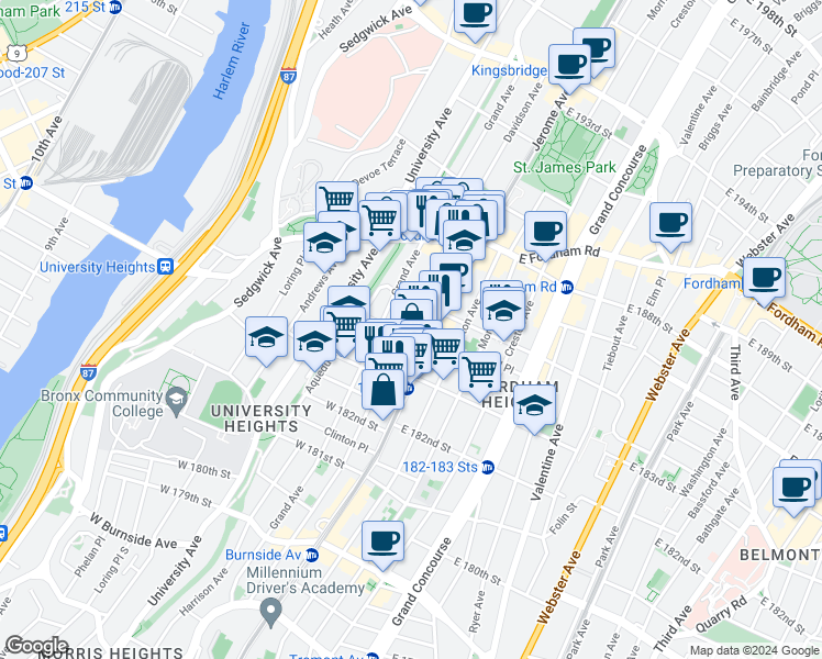 map of restaurants, bars, coffee shops, grocery stores, and more near 7 North Street in The Bronx