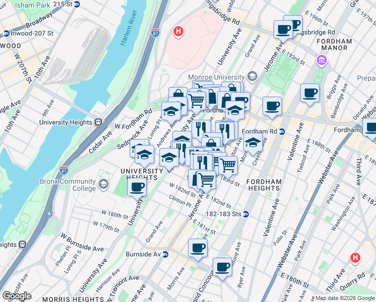map of restaurants, bars, coffee shops, grocery stores, and more near 2304 Grand Avenue in Bronx
