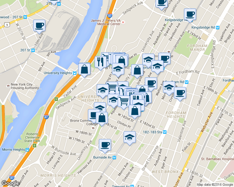 map of restaurants, bars, coffee shops, grocery stores, and more near in The Bronx