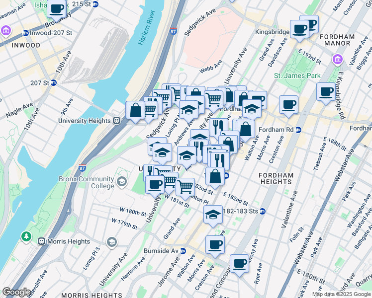 map of restaurants, bars, coffee shops, grocery stores, and more near in The Bronx