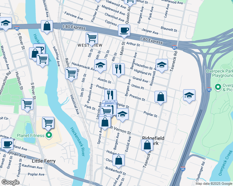 map of restaurants, bars, coffee shops, grocery stores, and more near 77 Preston Street in Ridgefield Park