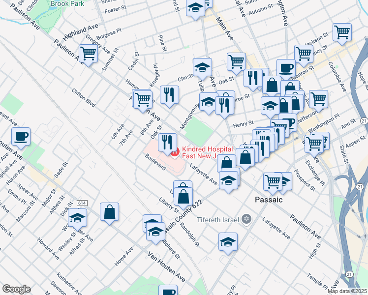 map of restaurants, bars, coffee shops, grocery stores, and more near 99 Grant Street in Passaic