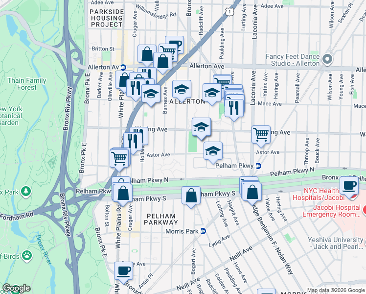 map of restaurants, bars, coffee shops, grocery stores, and more near 2311 Bronxwood Avenue in Bronx