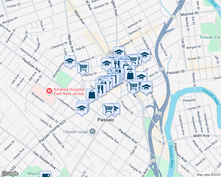 map of restaurants, bars, coffee shops, grocery stores, and more near 47 Broadway in Passaic