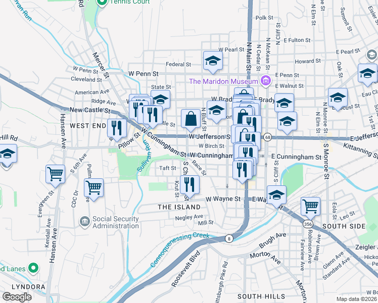 map of restaurants, bars, coffee shops, grocery stores, and more near 400 Pennsylvania 356 in Butler