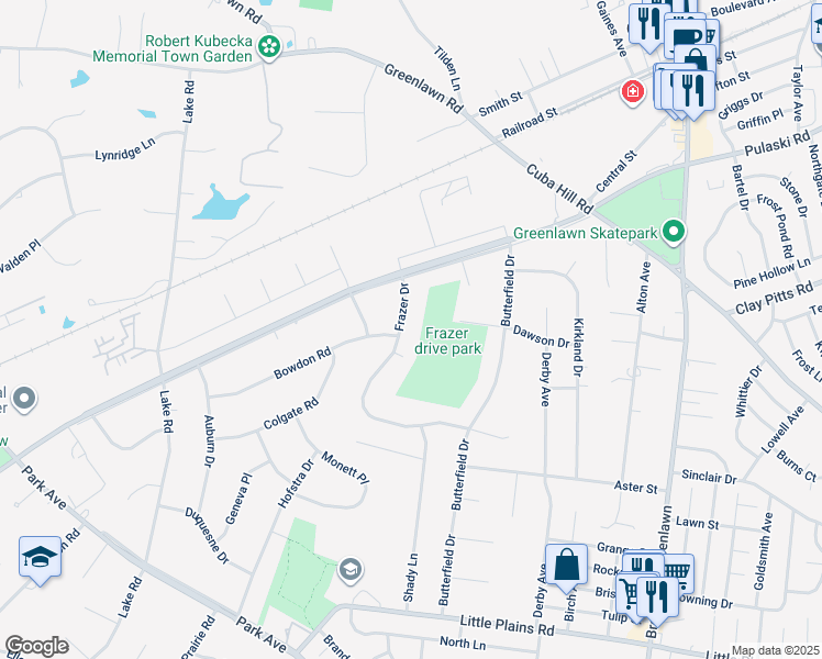 map of restaurants, bars, coffee shops, grocery stores, and more near 40 Frazer Drive in Greenlawn